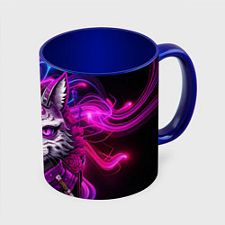 Кружка 3D Кот самурай в ярких фиолетовых оттенках, цвет: 3D-белый + синий