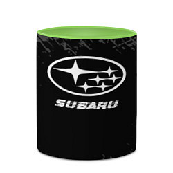 Кружка 3D Subaru speed на темном фоне со следами шин, цвет: 3D-белый + светло-зеленый — фото 2