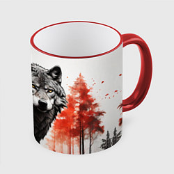 Кружка 3D Одинокий волк среди леса, цвет: 3D-красный кант