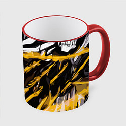 Кружка 3D Yellow and white abstraction on a black background, цвет: 3D-красный кант