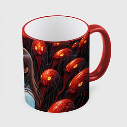 Кружка 3D Аниме девушка окружённая красными монстрами, цвет: 3D-красный кант