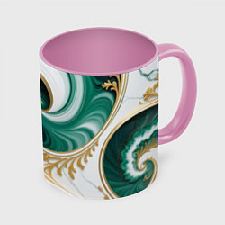 Кружка 3D Зеленые волны и золотые веточки, цвет: 3D-белый + розовый