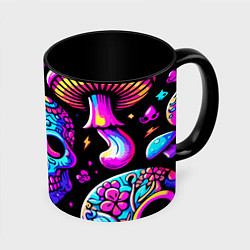 Кружка 3D Мексиканский череп и мухомор - неоновое свечение, цвет: 3D-белый + черный