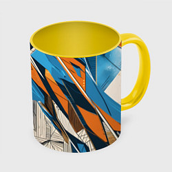 Кружка 3D Абстракция сине-оранжевая осколки, цвет: 3D-белый + желтый