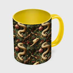 Кружка 3D Паттерн со змеями и елкой, цвет: 3D-белый + желтый