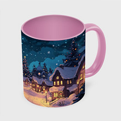 Кружка 3D Новогодний ламповый ночной город, цвет: 3D-белый + розовый