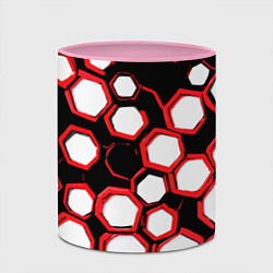 Кружка 3D Красно-белые шестиугольники на чёрном фоне, цвет: 3D-белый + розовый — фото 2