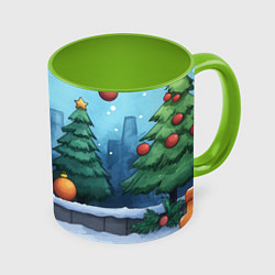 Кружка 3D Елки и елочные игрушки, цвет: 3D-белый + светло-зеленый