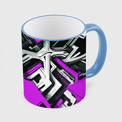 Кружка 3D Бело-фиолетовый техно паттерн на чёрном фоне, цвет: 3D-небесно-голубой кант