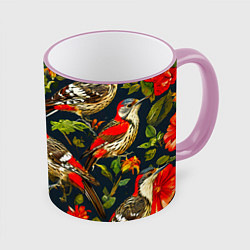 Кружка 3D Дятлы и цветочки, цвет: 3D-розовый кант