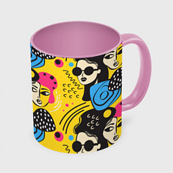 Кружка 3D Яркий паттерн с лицами девушек, цвет: 3D-белый + розовый