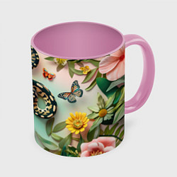 Кружка 3D Змея и бабочки, цвет: 3D-белый + розовый