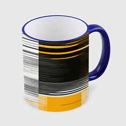 Кружка 3D Чёрные вертикальные полосы на жёлто-белом фоне, цвет: 3D-синий кант