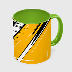 Кружка 3D Чёрно-белые глитч полосы на жёлтом фоне, цвет: 3D-белый + светло-зеленый