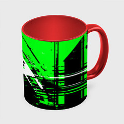 Кружка 3D Diagonal black and white stripes on a green backgr, цвет: 3D-белый + красный