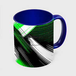 Кружка 3D Диагональные зелёно-чёрные линии на белом фоне, цвет: 3D-белый + синий