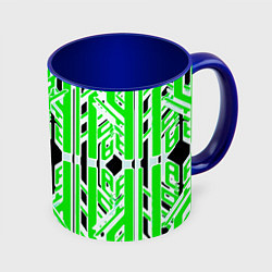 Кружка 3D Бело-зелёные техно полосы на чёрном фоне, цвет: 3D-белый + синий