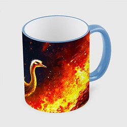 Кружка 3D Страус эму в огне, цвет: 3D-небесно-голубой кант