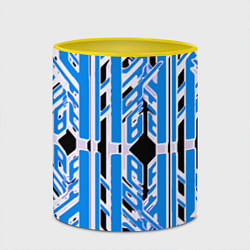 Кружка 3D Бело-синие техно полосы на чёрном фоне, цвет: 3D-белый + желтый — фото 2