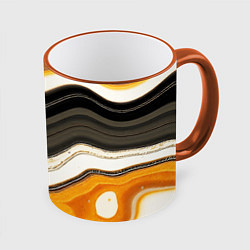 Кружка 3D Волнистые чёрно-жёлтые полосы на белом фоне, цвет: 3D-оранжевый кант