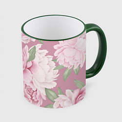 Кружка 3D Нежные пионы на пыльно-розовом фоне, цвет: 3D-зеленый кант