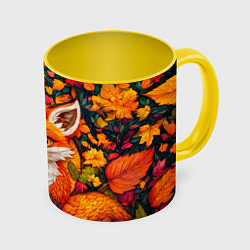 Кружка 3D Лисенок в осенних листьях, цвет: 3D-белый + желтый