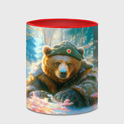 Кружка 3D Русский медведь военный в лесу, цвет: 3D-белый + красный — фото 2