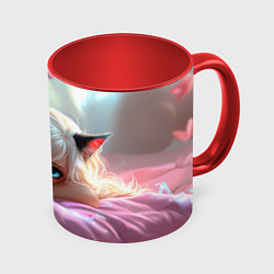 Кружка 3D Девушка кошечка с голубыми глазами, цвет: 3D-белый + красный