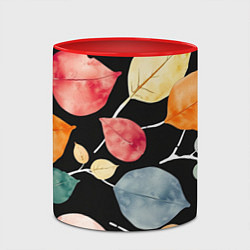 Кружка 3D Разноцветные акварельные листья на чёрном, AI, цвет: 3D-белый + красный — фото 2