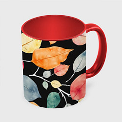 Кружка 3D Разноцветные акварельные листья на чёрном, AI, цвет: 3D-белый + красный