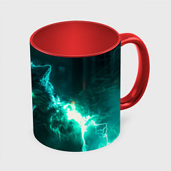 Кружка 3D Волк с зелеными глазами с молниями, цвет: 3D-белый + красный