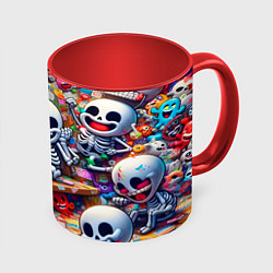 Кружка 3D Смеющиеся прикольные скелетики - нейроарт, цвет: 3D-белый + красный