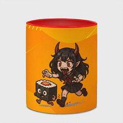 Кружка 3D Девочка дьявол бежит за роллом, цвет: 3D-белый + красный — фото 2