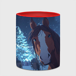 Кружка 3D Лошадь на фоне новогодней елки, цвет: 3D-белый + красный — фото 2