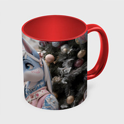 Кружка 3D Новогодняя лошадка у елки, цвет: 3D-белый + красный