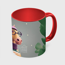Кружка 3D Новогодняя лошадка хипстер, цвет: 3D-белый + красный