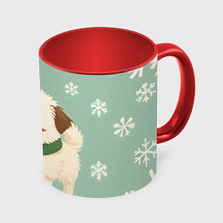 Кружка 3D Новогодний песик с елочкой, цвет: 3D-белый + красный