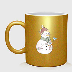 Кружка керамическая Снеговик с птичкой, цвет: золотой
