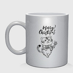 Кружка керамическая Merry Christmas Тигр с Огоньками, цвет: серебряный