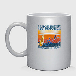 Кружка керамическая Я люблю пиво, мой велосипед и возможно 3 людей, цвет: серебряный