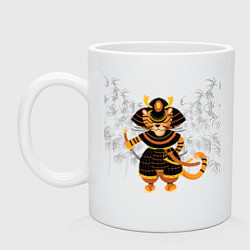 Кружка керамическая Тигр-самурай с двумя мечами на фоне бамбука, цвет: белый