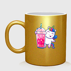 Кружка керамическая Молочный чай с пузырьками и единорожка, цвет: золотой