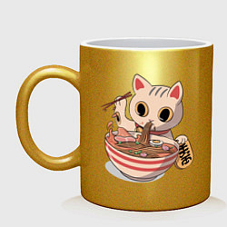 Кружка керамическая CAT EATS NOODLES FROM A CUP, цвет: золотой