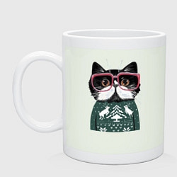 Кружка керамическая Умный кот в очках в новогоднем свитере, цвет: фосфор