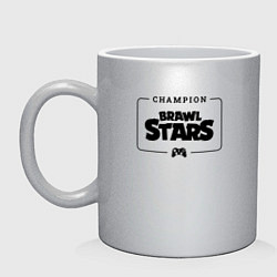 Кружка керамическая Brawl Stars gaming champion: рамка с лого и джойст, цвет: серебряный