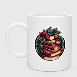 Кружка керамическая Новый Год и книги, цвет: белый