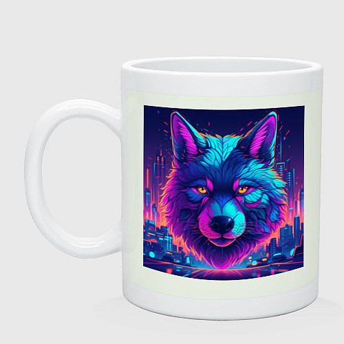 Кружка Волк в неоновых лучах киберпанк-города / Фосфор – фото 1