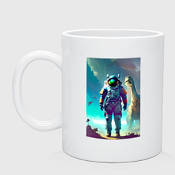 Кружка керамическая Космонавт на планете динозавров - нейросеть, цвет: белый