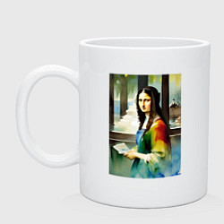 Кружка керамическая Мона Лиза в библиотеке - нейросеть - акварель, цвет: белый