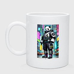 Кружка керамическая Кибер-панда в неоновом городе - нейросеть, цвет: белый